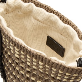 Loewe Braid Pocket Crossbody Bag in khaki and natural, interior shot showing herringbone lining, drawstring closure and branded leather tab detail