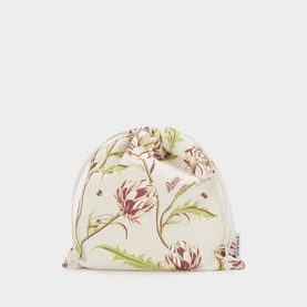 Loewe Artichoke Small Drawstring Pouch in white cotton with floral artichoke print, drawstring fastening, and logo detail.