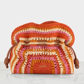 Loewe Flamenco Crochet Medium Clutch in bright orange and pink raffia with ruffled top, drawstring fastening, and tan leather ties