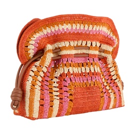 Loewe Flamenco Crochet Medium Clutch in bright orange and pink raffia with multicolour stripe pattern, ruffled drawstring top, tan leather ties.