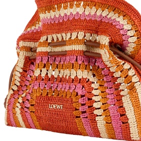 Loewe Flamenco Crochet Medium Clutch in bright orange and pink raffia with multicolour stripe crochet pattern and ruffled drawstring top