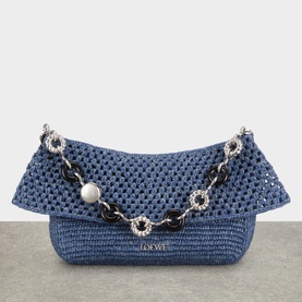 Loewe Ola Denim Crochet Medium Shoulder Bag in Denim Blue with dark resin and silver chain strap, flap closure and logo detail