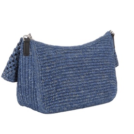 Loewe Ola Denim Crochet Medium Shoulder Bag in denim blue, woven cotton crochet with silver-tone chain strap and zip closure