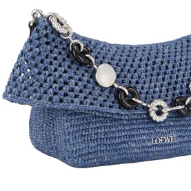 Loewe Ola Denim Crochet Medium Shoulder Bag in denim blue with silver chain strap, black ring detail and crystal embellishments, flap closure.