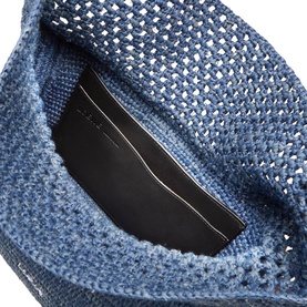 Loewe Ola Denim Crochet Medium Shoulder Bag in denim blue, open-top view showing black leather interior pocket lining