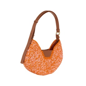 Loewe Swing Medium Shoulder Bag in bright orange and pink woven raffia with tan leather strap, gold buckle, and fortune cookie silhouette