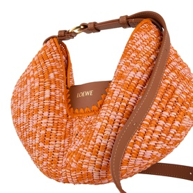 Loewe Swing Medium Shoulder Bag in bright orange and pink woven raffia with tan leather trims, gold hardware, and adjustable strap