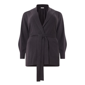 Marina Rinaldi brown cashmere cardigan with lapel collar, tie belt waist, and long sleeves, laid flat