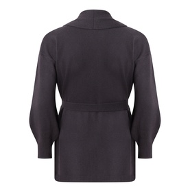 Marina Rinaldi brown cashmere cardigan, back view, mock neck collar, balloon sleeves, and belted waist detail
