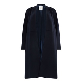 Marina Rinaldi Potente Open-Front Peacoat in midnight blue, longline silhouette, open front, long sleeves, clean collarless neckline