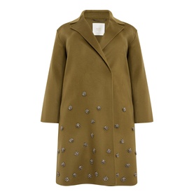 Marina Rinaldi khaki wool coat with scattered crystal embellishments, notched lapel collar, and single-breasted silhouette
