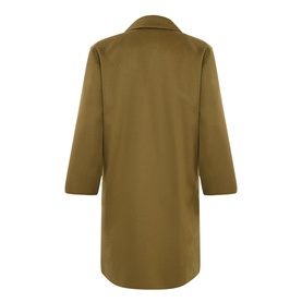 Marina Rinaldi kaki 100% virgin wool coat, rear view showing relaxed fit, notched collar and three-quarter length sleeves