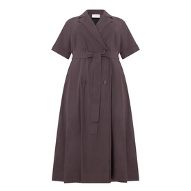 Marina Rinaldi brown cotton midi dress with lapel collar, double-breasted buttons, short sleeves, and self-tie belt