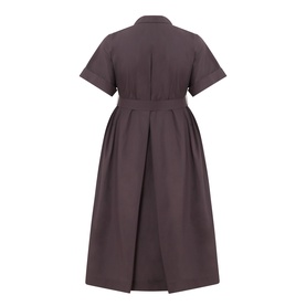 Marina Rinaldi brown cotton shirt dress, back view, short sleeves, collar, pleated midi skirt, belted waist detail