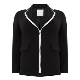 Marina Rinaldi black jacket with white contrast trim lapels and front flap pockets, single-button fastening