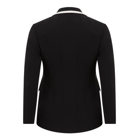 Marina Rinaldi black tailored jacket, rear view, white contrast collar trim, long sleeves, welt pockets
