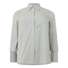 Marina Rinaldi khaki and white vertical stripe cotton shirt with pointed collar and wide cuffs, no model