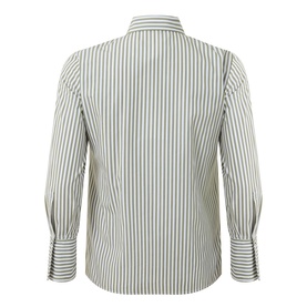 Marina Rinaldi khaki and white vertical stripe cotton jacket, rear view, button cuffs and back collar detail visible.
