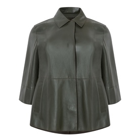 Marina Rinaldi kaki lamb leather jacket with shirt collar, three-quarter sleeves, and relaxed A-line silhouette