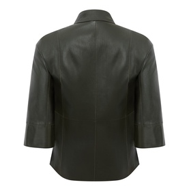 Marina Rinaldi khaki lamb leather jacket, back view, three-quarter sleeves, spread collar, clean minimal silhouette