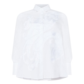Marina Rinaldi Moli Embroidered Tunic in Optical White, point collar, concealed placket, turn-up cuffs, shiny thread placement embroidery