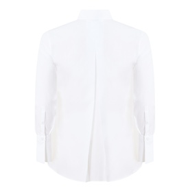 Marina Rinaldi Moli Embroidered Tunic in Optical White, showing rear inverted pleat detail, long sleeves with turn-up cuffs, curved hem