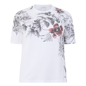 Marina Rinaldi Lirica Botanical Print T-Shirt in Optical White with crew neck, short sleeves, and floral botanical print across chest and shoulders.