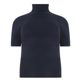 Marina Rinaldi midnight blue 100% cashmere turtleneck top with short sleeves, ribbed collar and hem detail