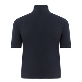 Marina Rinaldi midnight blue 100% cashmere short-sleeve roll-neck top, back view showing ribbed cuffs and hem