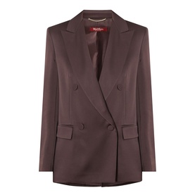 Max Mara Studio chocolate double-breasted blazer with notched lapels, flap pockets, and satin-finish fabric