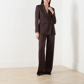 Model wearing Max Mara Studio Chocolate Blazer, styled with matching wide-leg trousers in chocolate brown