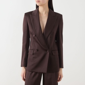 Model wearing Max Mara Studio Chocolate Blazer, double-breasted with peak lapels, styled with matching wide-leg trousers.