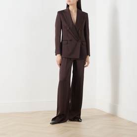 Model wearing Max Mara Studio Chocolate Blazer, styled with matching wide-leg trousers and dark heeled shoes.