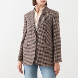 Model wearing Max Mara Studio navy various houndstooth wool blazer, styled with white shirt and blue jeans