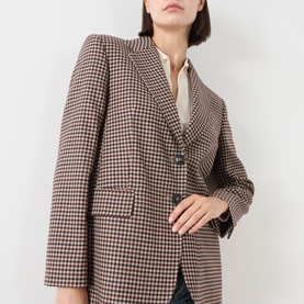 Model wearing Max Mara Studio navy various houndstooth wool blazer, styled over an open-collar white shirt