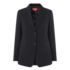 Max Mara Studio black blazer, two-button single-breasted, notch lapel, flap pockets, relaxed tailored fit