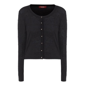 Max Mara Studio black silk-wool cardigan with round neck, pearl button fastening, and long sleeves