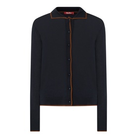 Max Mara Studio Targa Knit Cardigan in ultramarine with contrast orange trim, flat collar, button fastening, and long sleeves
