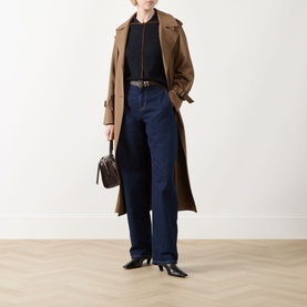 Model wearing Max Mara Studio Targa Knit Cardigan in Ultramarine, styled with camel trench coat, dark navy wide-leg jeans and black heeled boots