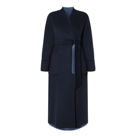 Max Mara Studio navy bicolour wool coat with contrast blue lining, wrap front, belted waist, and patch pockets