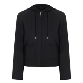 Max Mara Studio black virgin wool, silk and cashmere blend zip-up hooded jacket with front patch pockets and silver-tone hardware