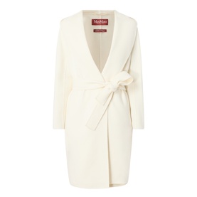 Max Mara Studio white virgin wool, silk and cashmere belted coat with deep V-neckline and tie waist detail.