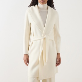 Model wearing Max Mara Studio white wool-silk-cashmere blend belted wrap coat with shawl collar, styled with cream roll-neck
