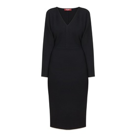 Max Mara Studio black V-neck midi dress with long sleeves, fitted silhouette, and structured waist seaming in viscose blend.
