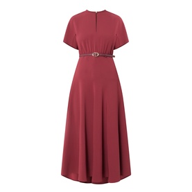 Max Mara Studio ruby midi dress with short sleeves, V-neckline, slim belt detail, and flared skirt. No model.