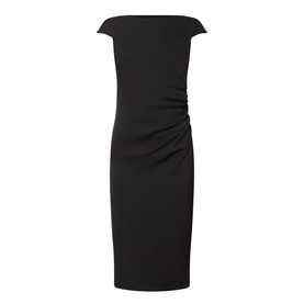 Max Mara Studio black midi dress with cap sleeves, ruched side detail, and fitted silhouette in triacetate blend fabric