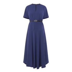 Max Mara Studio navy midi dress with short sleeves, V-neckline, fitted waist with tan leather belt, and flared skirt with back zip