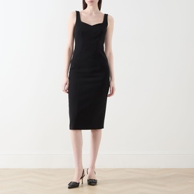 Model wearing Max Mara Studio Sala Sweetheart Dress in black technical cady, midi length with sweetheart neckline and spaghetti straps, styled with