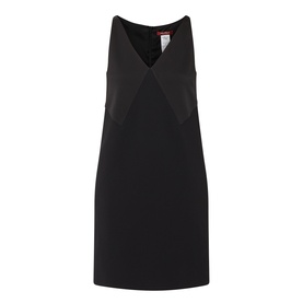 Black sleeveless mini dress with V-neckline and contrast panel detail in a flatlay product shot.