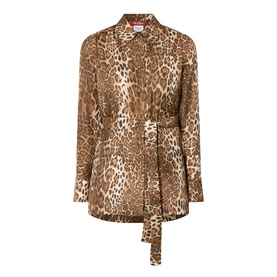 Max Mara Studio brown spotted leopard-print silk jacket with tie belt, spread collar, and longline silhouette